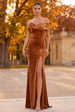 Brown Velvet Sheath Off the Shoulder Long Formal Dress with Slit