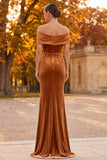 Brown Velvet Sheath Off the Shoulder Long Formal Dress with Slit