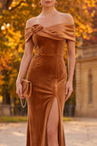 Brown Velvet Sheath Off the Shoulder Long Formal Dress with Slit
