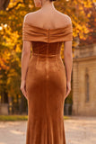 Brown Velvet Sheath Off the Shoulder Long Formal Dress with Slit