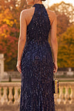 Navy Sheath Halter Fringed Sequins Maxi Formal Dress