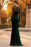 Dark Green Velvet Mermaid Illusion Neck Long Sleeves Maxi Formal Dress with Lace