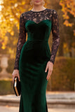Dark Green Velvet Mermaid Illusion Neck Long Sleeves Maxi Formal Dress with Lace