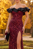 Burgundy Sheath Off the Shoulder Sequins Ruffled Long Formal Dress with Side Slit