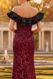 Burgundy Sheath Off the Shoulder Sequins Ruffled Long Formal Dress with Side Slit