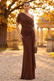 Coffee Sparkly Sheath One Shoulder Ruched Long Formal Dress