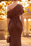 Coffee Sparkly Sheath One Shoulder Ruched Long Formal Dress