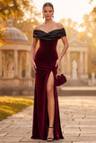 Burgundy Velvet Sheath Off the Shoulder Maxi Formal Dress with Slit