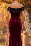 Burgundy Velvet Sheath Off the Shoulder Maxi Formal Dress with Slit