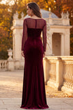 Burgundy Sheath Velvet Illusion Neck Ruched Long Formal Dress with Side Slit