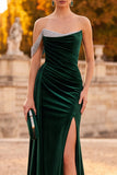 Dark Green Sheath Velvet One Shoulder Ruched Maxi Formal Dress with Rhinestones