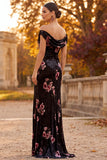 Black Velvet Off the Shoulder Ruched Maxi Formal Dress with Side Slit