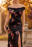 Black Velvet Off the Shoulder Ruched Maxi Formal Dress with Side Slit