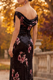 Black Velvet Off the Shoulder Ruched Maxi Formal Dress with Side Slit