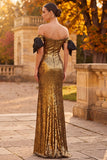 Golden Sheath Off the Shoulder Sequins Maxi Formal Dress with Bow