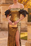 Golden Sheath Off the Shoulder Sequins Maxi Formal Dress with Bow