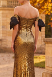 Golden Sheath Off the Shoulder Sequins Maxi Formal Dress with Bow