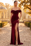 Burgundy Velvet Mermaid Corset Off the Shoulder Lace Ruched Maxi Formal Dress with Slit