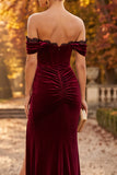 Burgundy Velvet Mermaid Corset Off the Shoulder Lace Ruched Maxi Formal Dress with Slit