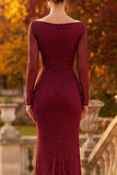 Burgundy Sheath Cowl Neck Long Sleeves Beaded Formal Dress with Side Slit