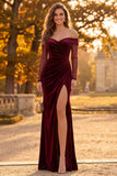 Burgundy Velvet Sheath Off the Shoulder Ruched Long Formal Dress with Slit