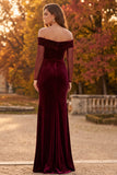 Burgundy Velvet Sheath Off the Shoulder Ruched Long Formal Dress with Slit