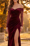 Burgundy Velvet Sheath Off the Shoulder Ruched Long Formal Dress with Slit