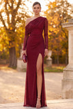 Burgundy Sheath One Shoulder Ruched Beaded Long Formal Dress with Side Slit