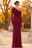 Burgundy Sheath One Shoulder Ruched Beaded Long Formal Dress with Side Slit