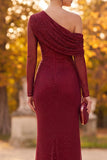 Burgundy Sheath One Shoulder Ruched Beaded Long Formal Dress with Side Slit