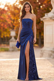 Dark Blue Sheath Strapless Ruched Sequins Maxi Formal Dress with Side Slit