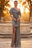 Silver Leopard Printed Sheath One Shoulder Ruched Long Formal Dress with Slit
