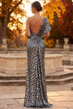 Silver Leopard Printed Sheath One Shoulder Ruched Long Formal Dress with Slit