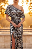 Silver Leopard Printed Sheath One Shoulder Ruched Long Formal Dress with Slit