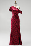 Burgundy Sheath Asymmetrical One Shoulder Jacquard Maxi Dress with Side Slit