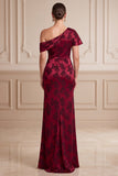 Burgundy Sheath Asymmetrical One Shoulder Jacquard Maxi Mother of the Bride Dress with Side Slit