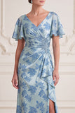 Grey Blue Sheath V-Neck Ruched Flutter Sleeves Maxi Mother of the Bride Dress with Side Slit