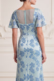 Grey Blue Sheath V-Neck Ruched Flutter Sleeves Maxi Mother of the Bride Dress with Side Slit