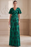 Dark Green A-Line V-Neck Jacquard Ruched Flutter Sleeves Maxi Mother of the Bride Dress