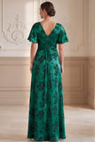 Dark Green A-Line V-Neck Jacquard Ruched Flutter Sleeves Maxi Mother of the Bride Dress