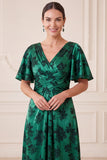 Dark Green A-Line V-Neck Jacquard Ruched Flutter Sleeves Maxi Mother of the Bride Dress