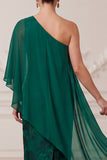 Dark Green Sheath One Shoulder Satin Printed Maxi Mother of the Bride Dress with Cape