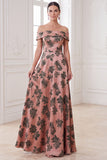 Orange A-Line Off the Shoulder Printed Maxi Mother of the Bride Dress