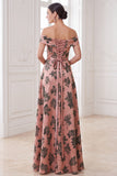 Orange A-Line Off the Shoulder Printed Maxi Mother of the Bride Dress