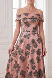 Orange A-Line Off the Shoulder Printed Maxi Mother of the Bride Dress