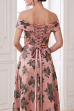 Orange A-Line Off the Shoulder Printed Maxi Mother of the Bride Dress