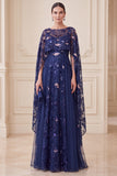 Navy A-Line Illusion Neck Sequins Maxi Mother of the Bride Dress with Cape