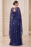 Navy A-Line Illusion Neck Sequins Maxi Mother of the Bride Dress with Cape