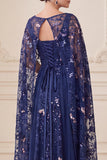 Navy A-Line Illusion Neck Sequins Maxi Mother of the Bride Dress with Cape