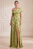 Green A-Line Asymmetrical One Shoulder Printed Maxi Mother of the Bride Dress with Side Slit